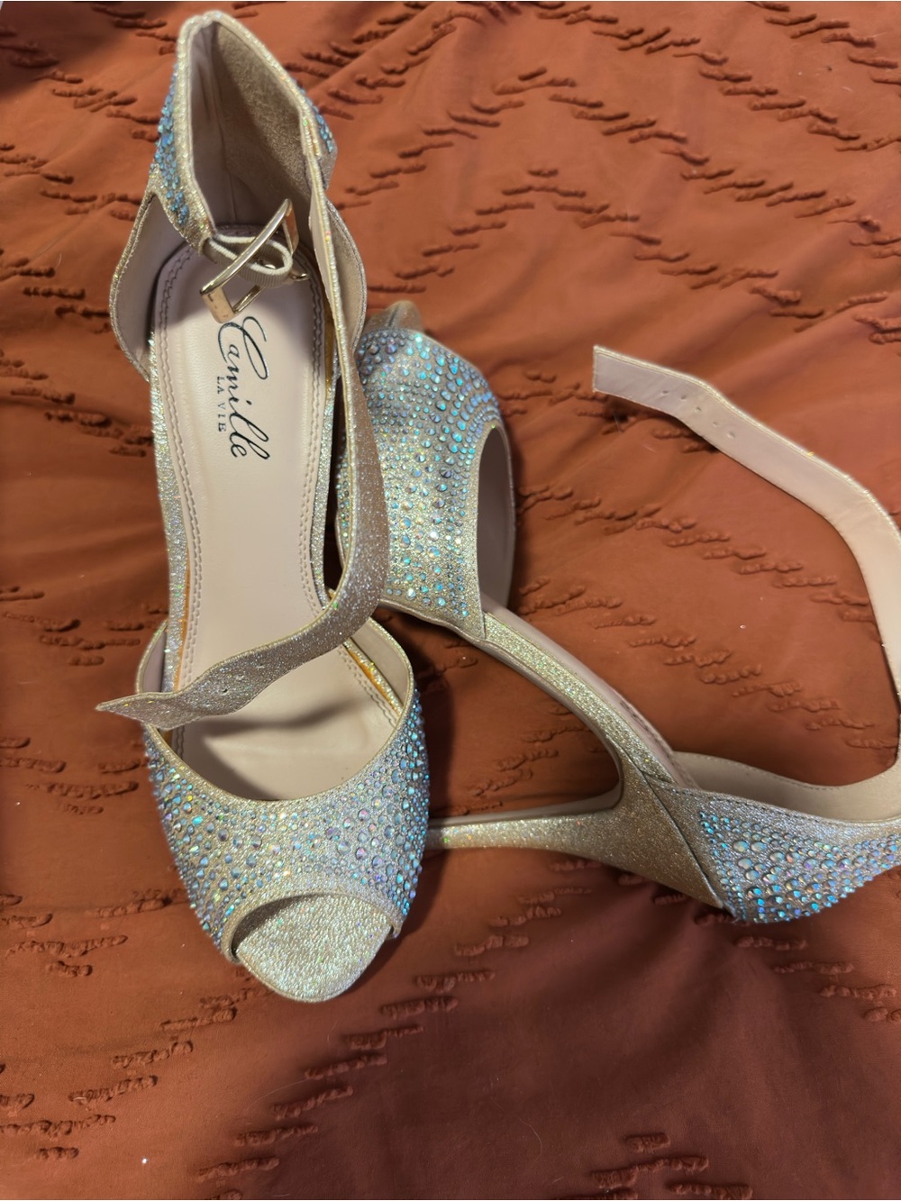 Camille La Vie Gold Crystal Peep-Toe Ankle Strap Heels